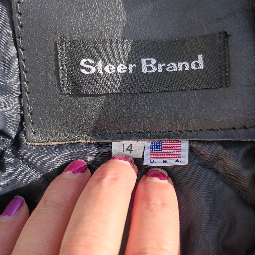 Steer Brand Black Leather Moto Jacket Belted Zip Front Size 14 USA - Picture 6 of 15